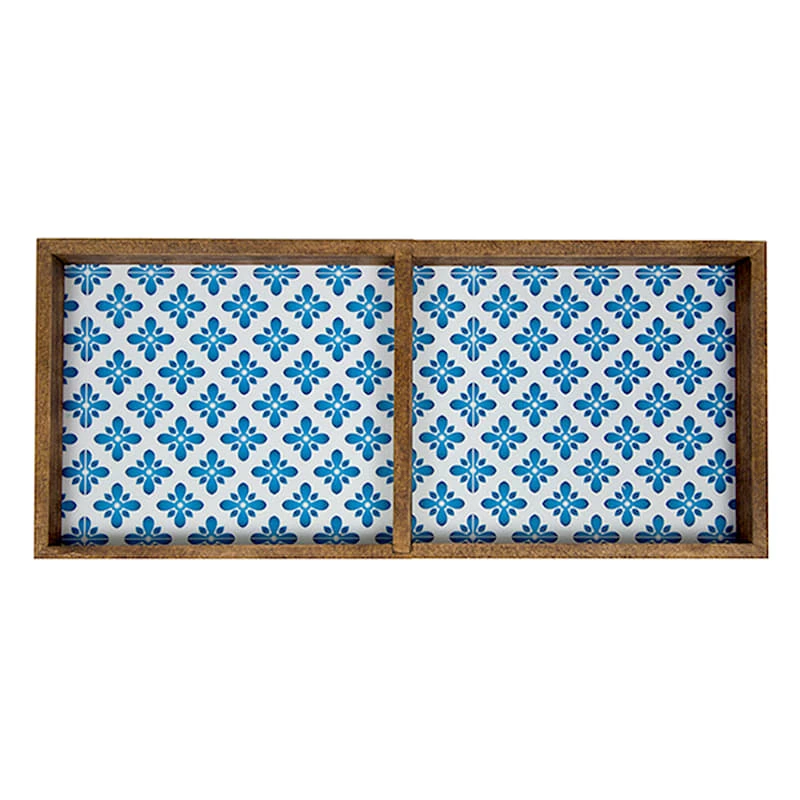 2-Compartment Blue Tile Wood Tray, 14" 2 2-Compartment Blue Tile Wood Tray, 14" - Image 2
