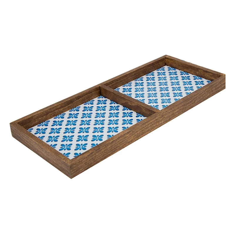 2-Compartment Blue Tile Wood Tray, 14" 1 2-Compartment Blue Tile Wood Tray, 14"
