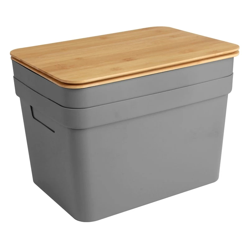 2-Pack Grey 15L Storage Bin With Bamboo Lid, Large 1 2-Pack Grey 15L Storage Bin With Bamboo Lid, Large
