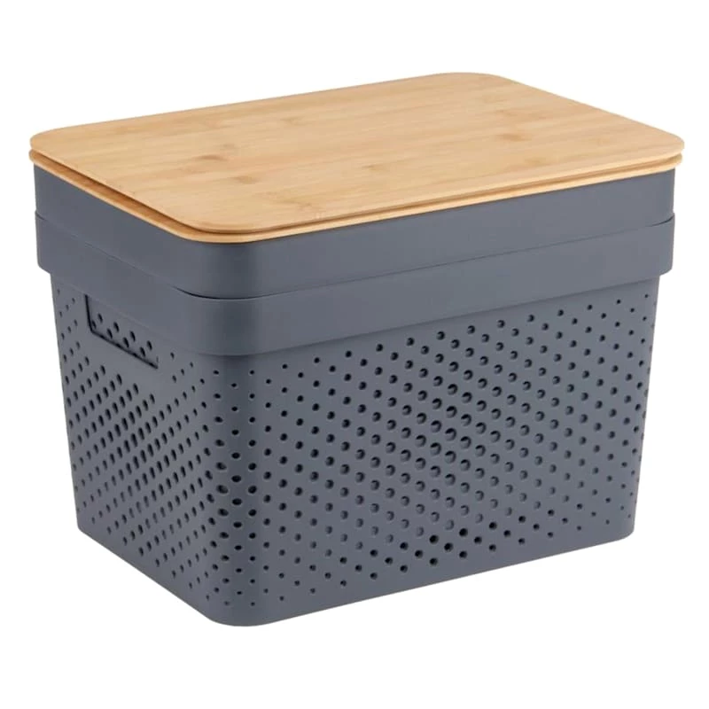 2-Pack Grey Storage Container With Bamboo Wood Lid, Large 1 2-Pack Grey Storage Container With Bamboo Wood Lid, Large