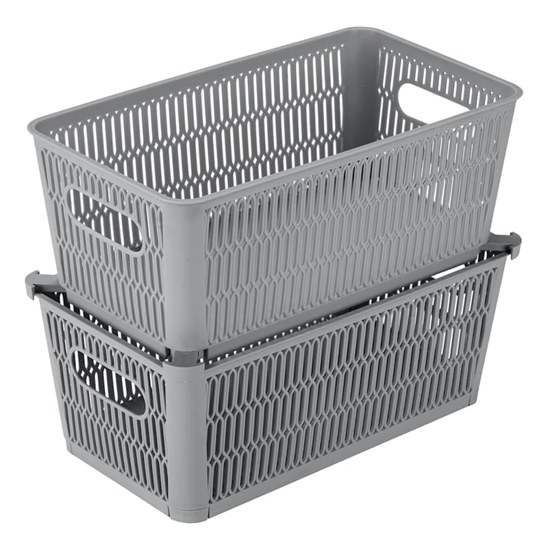 2-Pack Slide And Stack Shelf Storage Tote, Grey 1 2-Pack Slide And Stack Shelf Storage Tote, Grey
