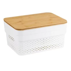 2-Pack White Plastic Storage Bin With Bamboo Lid, Medium