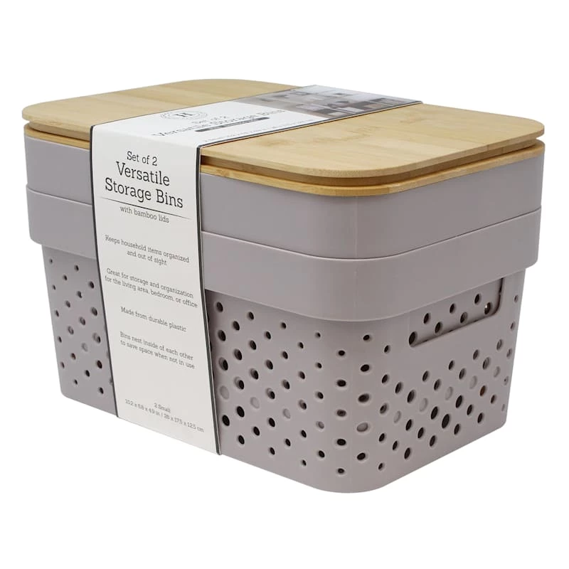 2-Piece Small Storage Bins With Bamboo Lid, Mauve 1 2-Piece Small Storage Bins With Bamboo Lid, Mauve