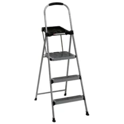 3-Step Grey Metal Step Ladder With Tray
