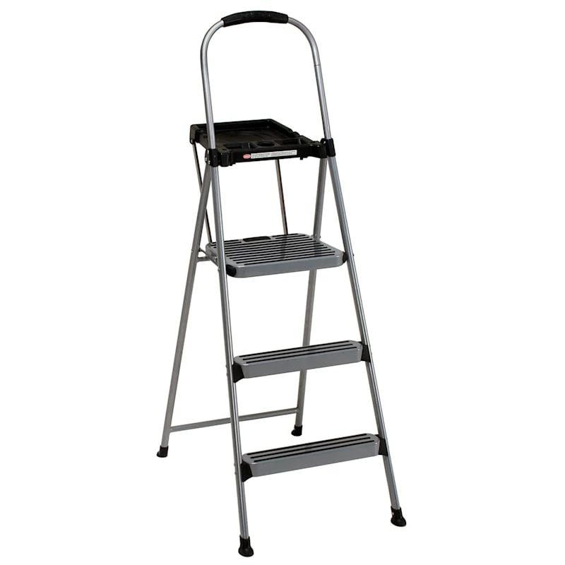 3-Step Grey Metal Step Ladder With Tray 1 3-Step Grey Metal Step Ladder With Tray