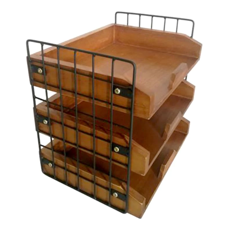 3-Tier Black Wooden Desk Organizer With Metal Grid 1 3-Tier Black Wooden Desk Organizer With Metal Grid