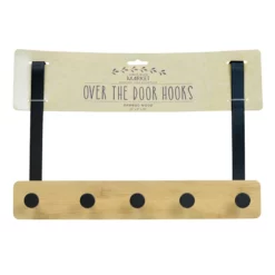 5-Hook Black Metal With Bamboo Wood Over The Door Hanger