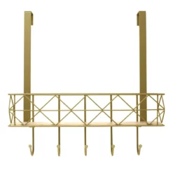 5-Hook Gold Bombay Diamond With Bamboo Brass Basket Over The Door Hanger