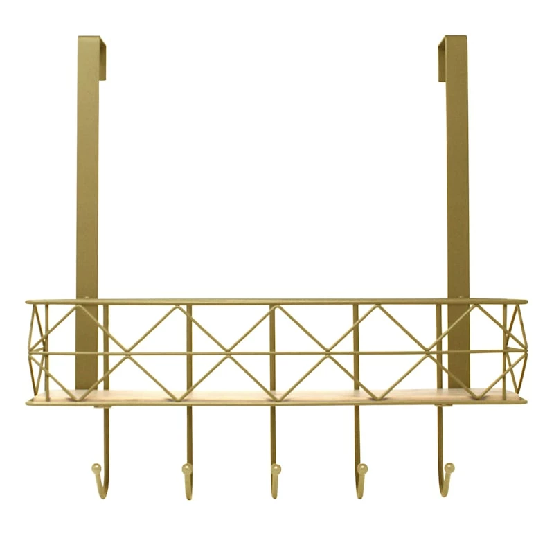 5-Hook Gold Bombay Diamond With Bamboo Brass Basket Over The Door Hanger 1 5-Hook Gold Bombay Diamond With Bamboo Brass Basket Over The Door Hanger