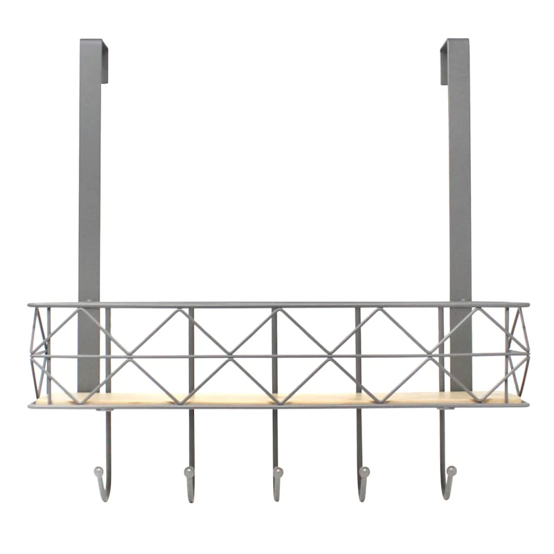 5-Hook Grey Bombay Diamond With Bamboo Wood Basket Over The Door Hanger 1 5-Hook Grey Bombay Diamond With Bamboo Wood Basket Over The Door Hanger