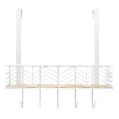 5-Hook White Chevron Bombay Diamond With Bamboo Wooden Basket Over The Door Hanger