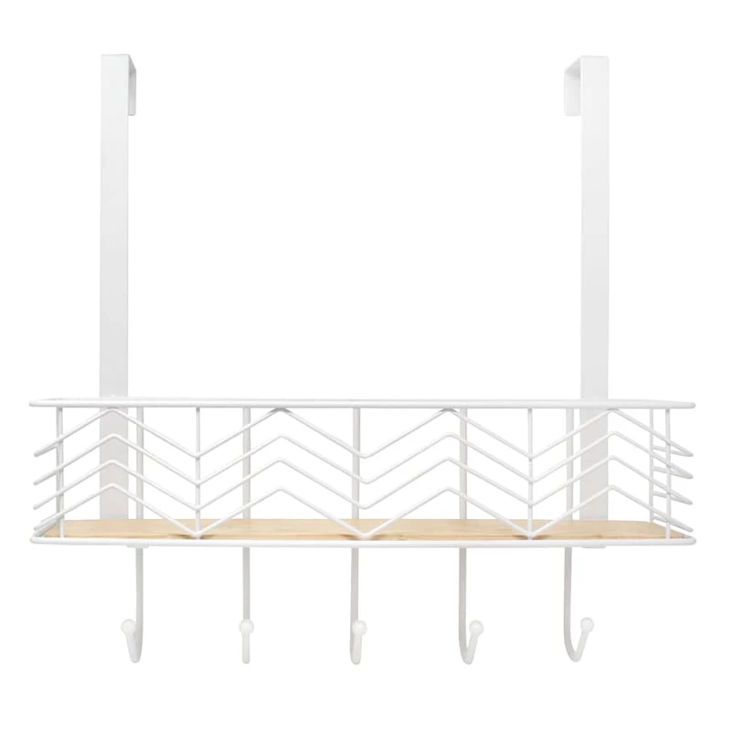 5-Hook White Chevron Bombay Diamond With Bamboo Wooden Basket Over The Door Hanger 1 5-Hook White Chevron Bombay Diamond With Bamboo Wooden Basket Over The Door Hanger