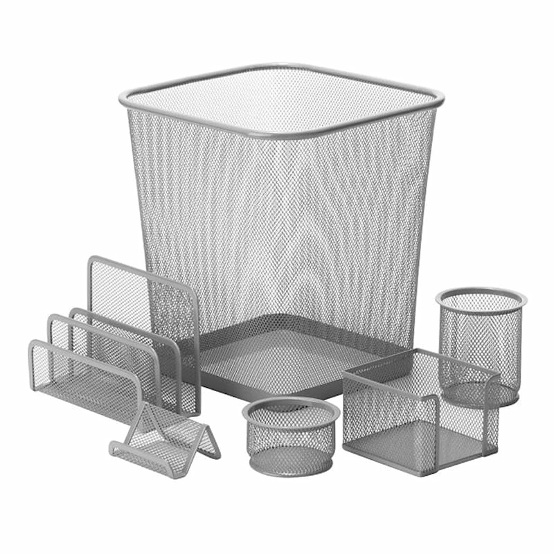 6-Piece Silver Steel Mesh Office Desk Set 1 6-Piece Silver Steel Mesh Office Desk Set