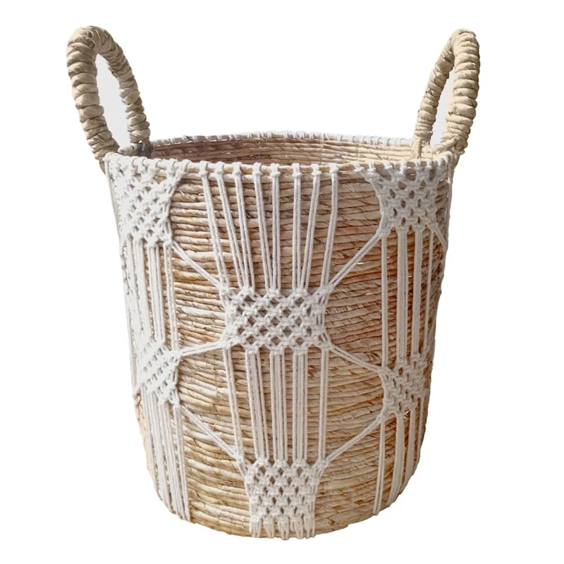 Banana Round Natural Basket/White Macrame Medium 1 Banana Round Natural Basket/White Macrame Medium