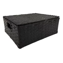 Black Rectangle Paper Rope Basket With Lid, Large