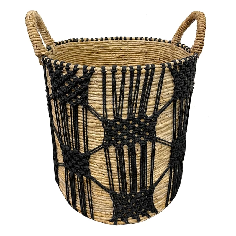 Found & Fable Round Abaca With Black Macrame Storage Basket, Large 1 Found & Fable Round Abaca With Black Macrame Storage Basket, Large