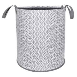 Geo Round Canvas Collapsible Laundry Hamper With Handles, Grey