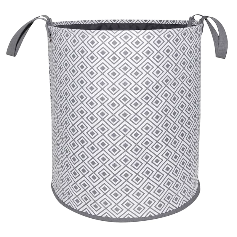 Geo Round Canvas Collapsible Laundry Hamper With Handles, Grey 1 Geo Round Canvas Collapsible Laundry Hamper With Handles, Grey