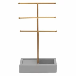 Gold Jewelry Tree With Grey Linen Organizer Base, 12"