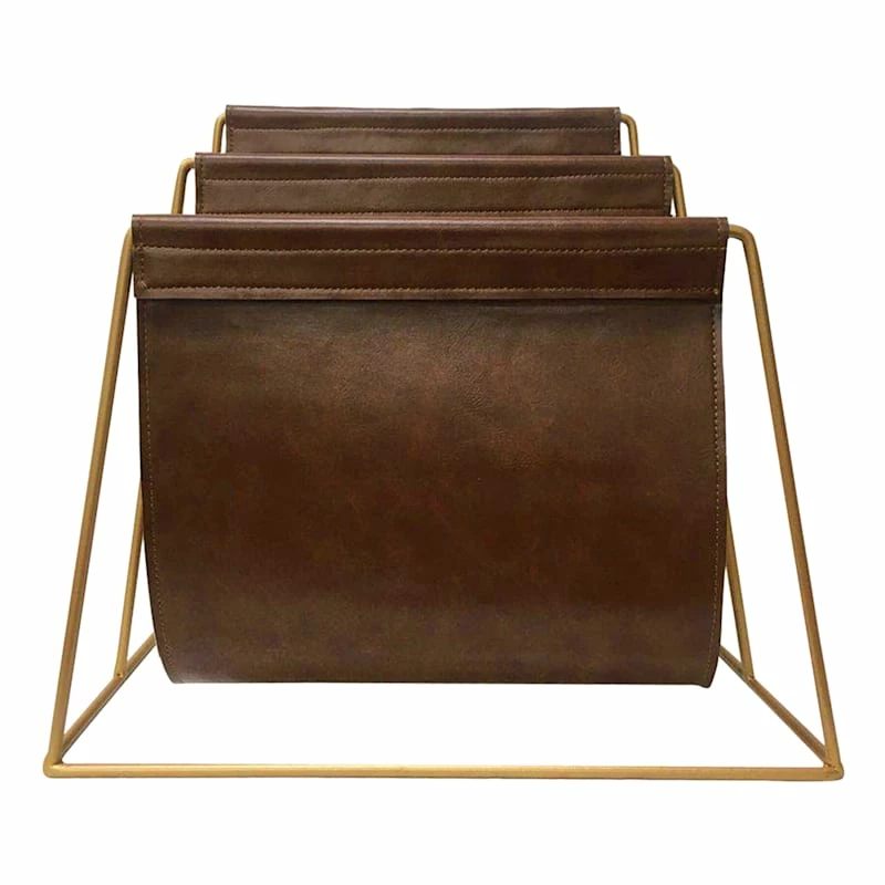 Golden Metal & Brown Faux Leather Magazine Holder 2 Golden Metal & Brown Faux Leather Magazine Holder - Image 2