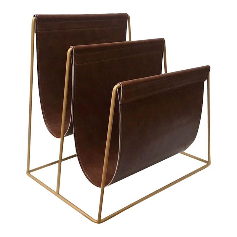 Golden Metal & Brown Faux Leather Magazine Holder 1 Golden Metal & Brown Faux Leather Magazine Holder