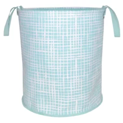 Grid Print Round Canvas Laundry Hamper, Teal