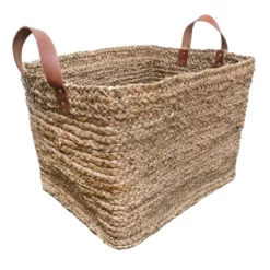 Honeybloom Austin Rectangle Seagrass Storage Basket With Leather Handles, Large