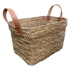 Honeybloom Austin Rectangle Seagrass Storage Basket With Leather Handles, Small