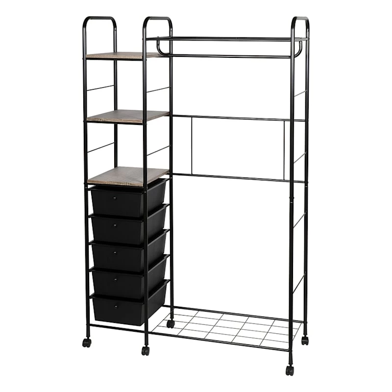 Jami Black Closet Rack With Brown Wooden Shelves 1 Jami Black Closet Rack With Brown Wooden Shelves