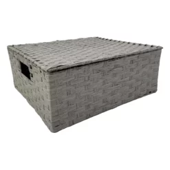 Light Grey Paper Rope Storage Basket With Lid, Medium