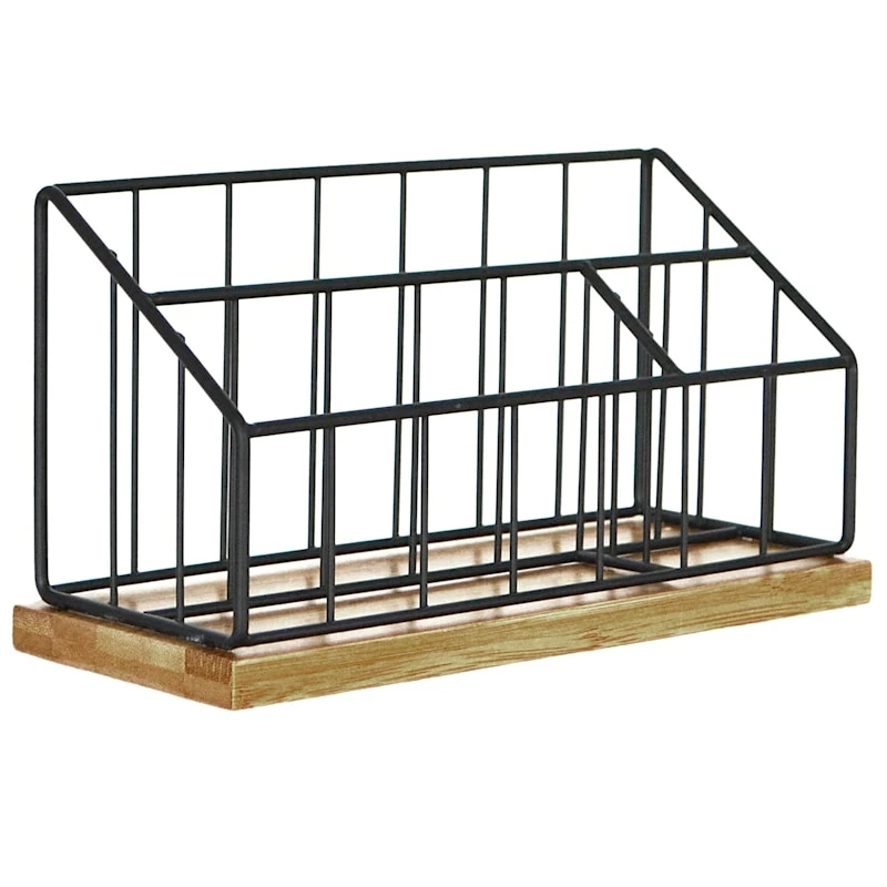 Matte Black Wire & Bamboo Wood Desk Organizer 1 Matte Black Wire & Bamboo Wood Desk Organizer