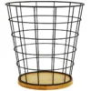 Matte Black Wire & Bamboo Wood Tapered Waste Bin, 10.3"