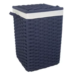 Navy Blue Square Laundry Floor Standing Hamper With Ivory Liner, Extra Large