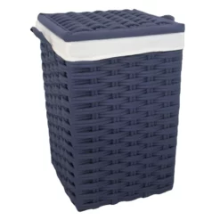 Navy Blue Square Laundry Floor Standing Hamper With Ivory Liner, Large