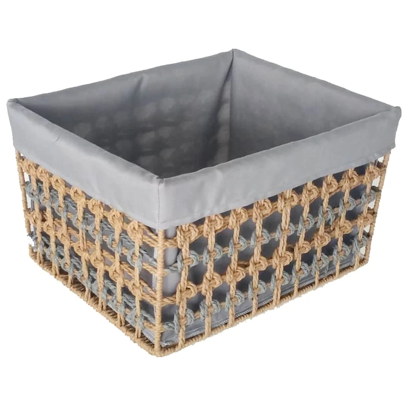 Open-Weave Paper Rope Storage Basket With Grey Liner, Large 1 Open-Weave Paper Rope Storage Basket With Grey Liner, Large