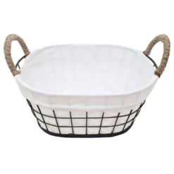 Oval Black Metal Wire Basket With Handles & Liner, 11"