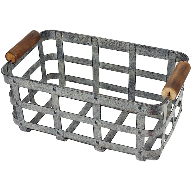 Rectangle Galvanized Metal Basket W/Wooden Handle S 1 Rectangle Galvanized Metal Basket W/Wooden Handle S