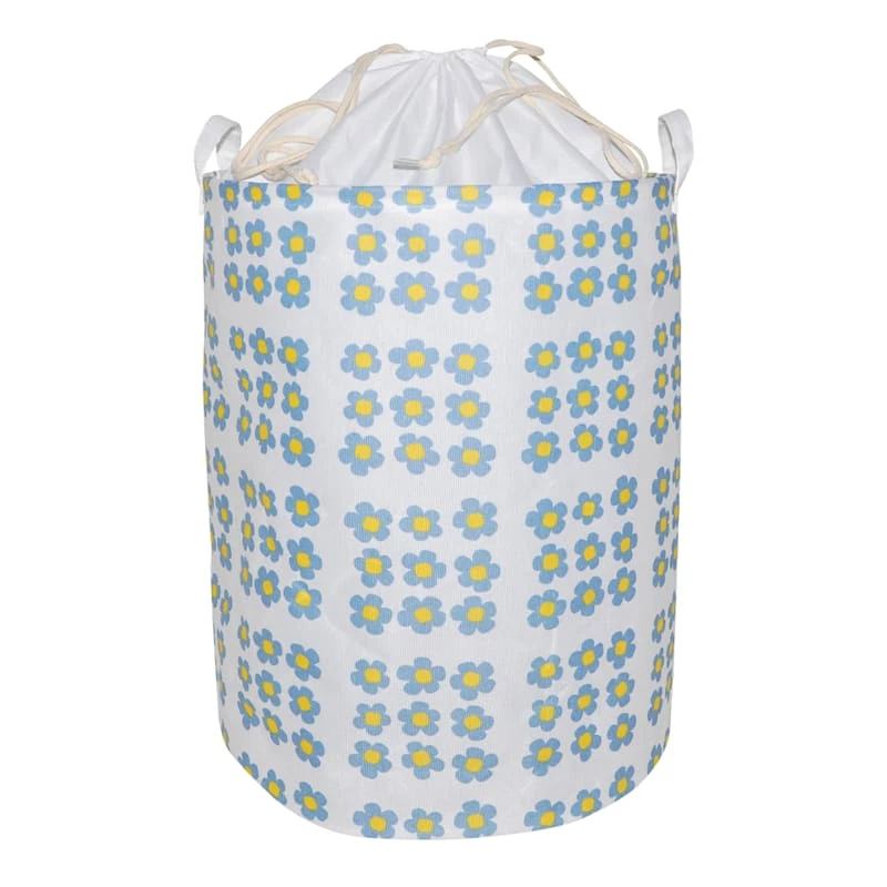 Round Collapsible Canvas Laundry Hamper With Drawstring Liner, Daisy Print 1 Round Collapsible Canvas Laundry Hamper With Drawstring Liner, Daisy Print