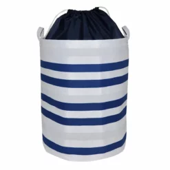 Round Collapsible Canvas Laundry Hamper With Drawstring Liner, Navy Blue