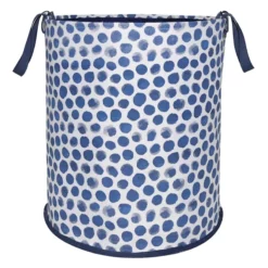 Round Collapsible Laundry Hamper With Handles, Blue Dots