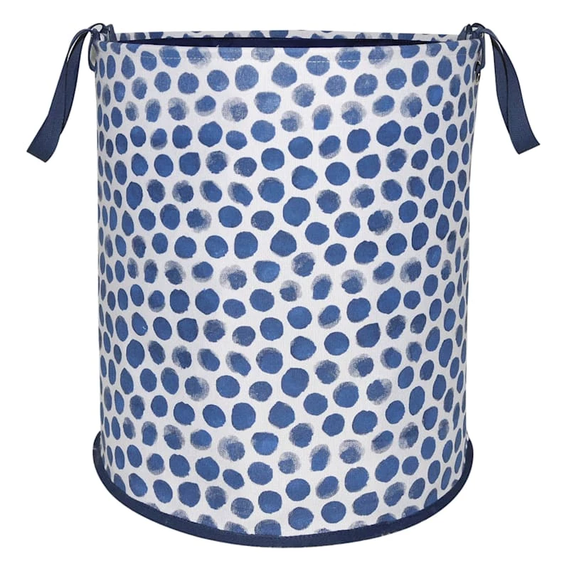 Round Collapsible Laundry Hamper With Handles, Blue Dots 1 Round Collapsible Laundry Hamper With Handles, Blue Dots