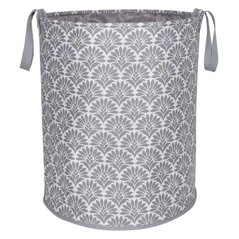 Round Collapsible Laundry Hamper With Handles, Grey Floral 1 Round Collapsible Laundry Hamper With Handles, Grey Floral