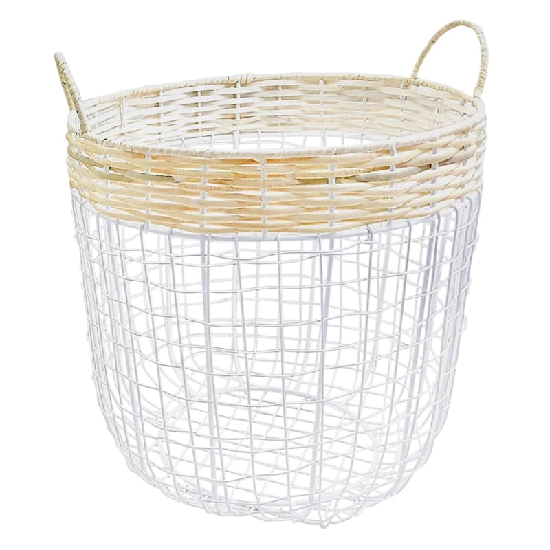 Ty Pennington Round Natural & White Metal Storage Basket, Large 2 Ty Pennington Round Natural & White Metal Storage Basket, Large - Image 2