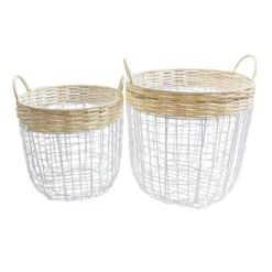 Ty Pennington Round Natural & White Metal Storage Basket, Large
