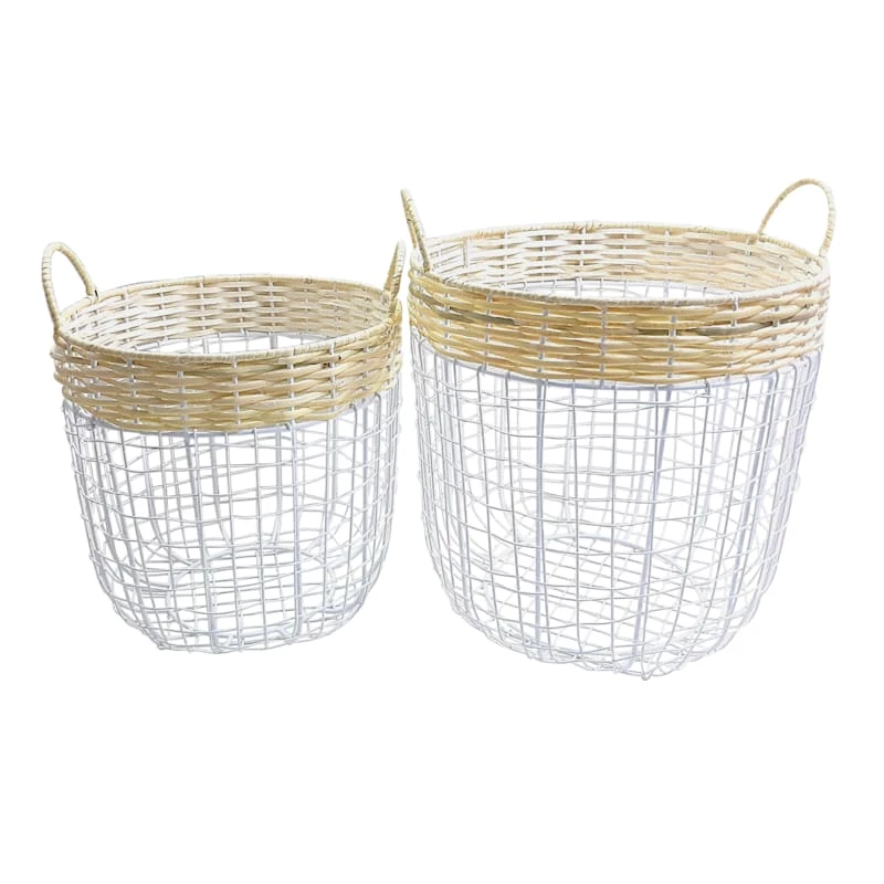 Ty Pennington Round Natural & White Metal Storage Basket, Large 1 Ty Pennington Round Natural & White Metal Storage Basket, Large