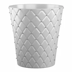 White Quilted Studded Wastebasket, 10.4"