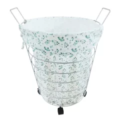 White Wire Laundry Hamper On Wheels With Removable Floral Print Liner