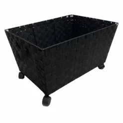 Woven Band Laundry Basket With Wheels, Black